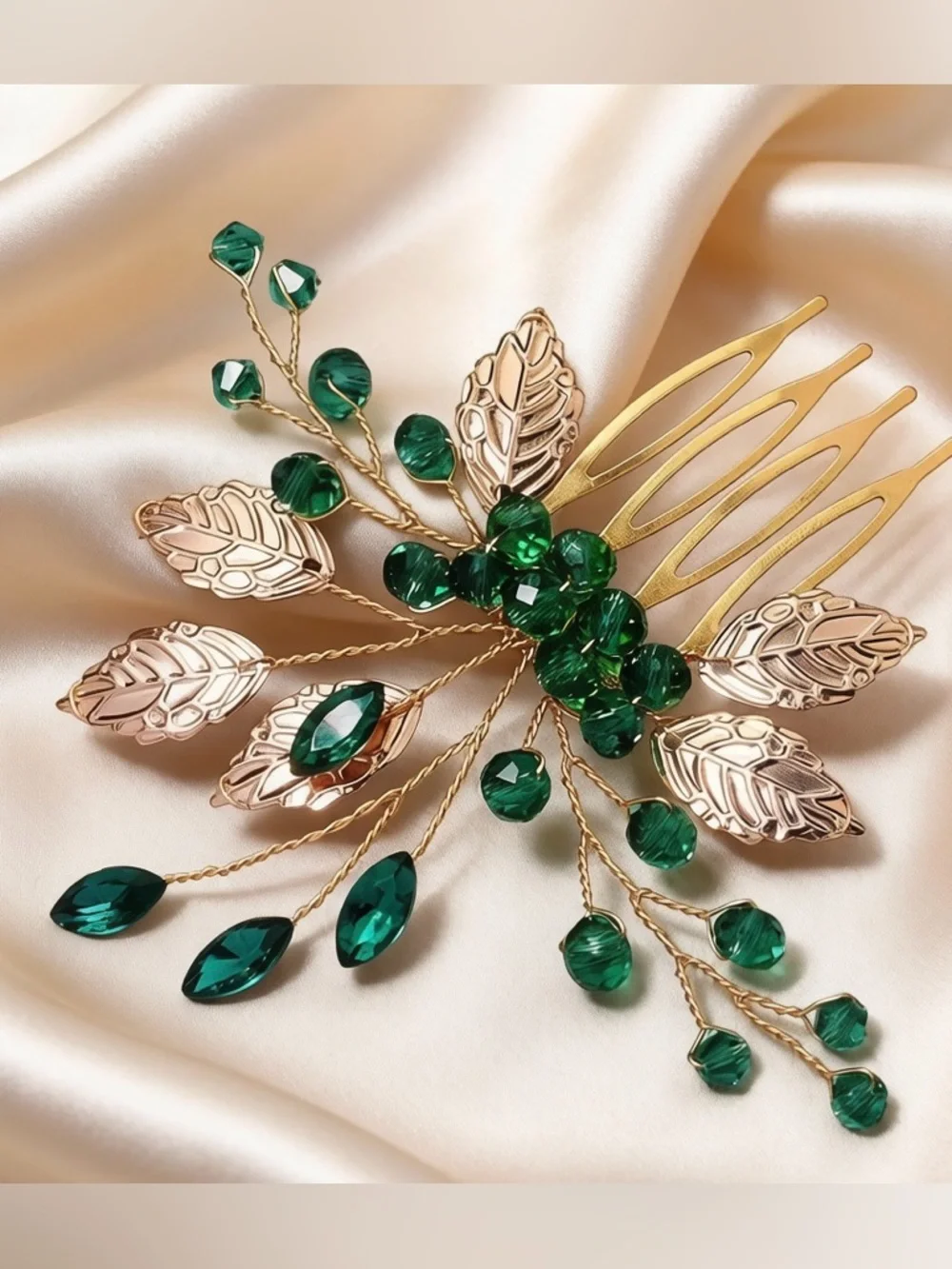 Gold Leaf Hair Comb with Emerald Green Crystal Accents by